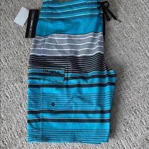 O'Neill Men's Aqua and Black Striped Board Shorts